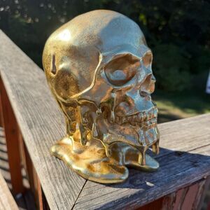 NEW Melted Metallic Gold Skull Art Sculpture 8”